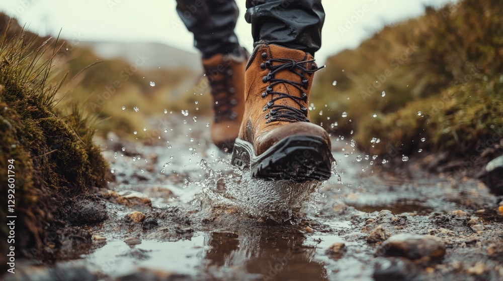 Boots splashing through a puddle on a rugged hiking trail, dynamic and energetic close-up shot Boots splashing through a puddle on a rugged hiking trail, dynamic and energetic close-up shot
