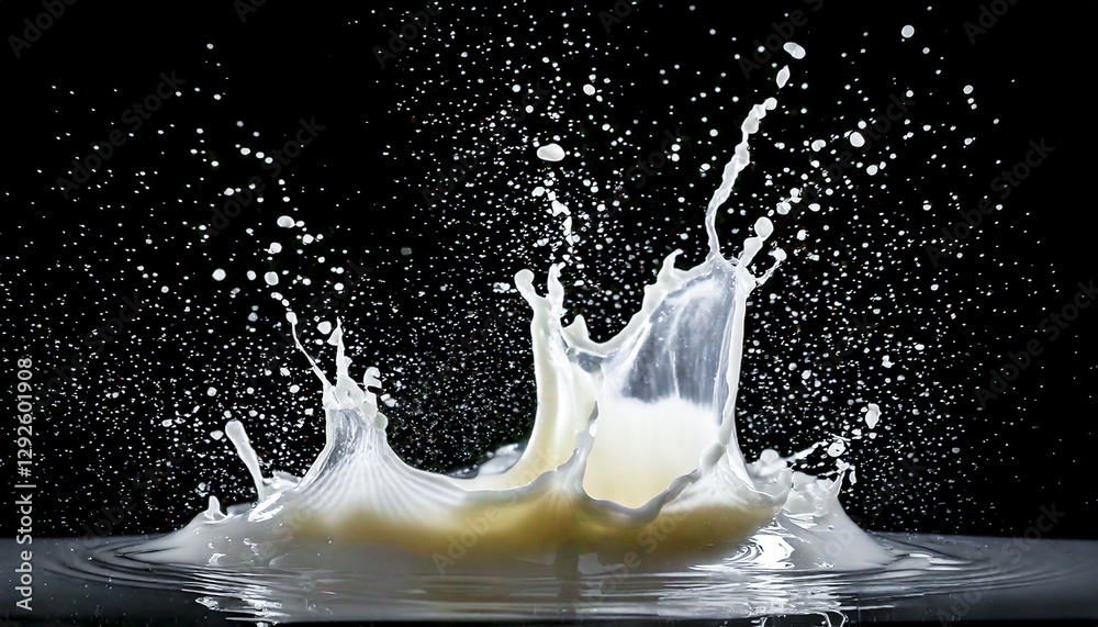 Splash of milk or cream, cut out with drops on black background; very soft focus; macro photography splashing surface water bubbles abstract Splash of milk or cream, cut out with drops on black background; very soft focus; macro photography splashing surface water bubbles abstract