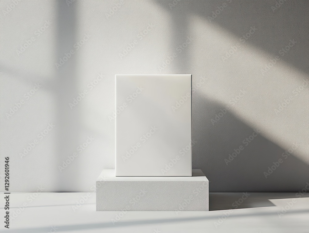 Minimalist white cardboard box mockup on light grey surface with soft lighting Minimalist white cardboard box mockup on light grey surface with soft lighting