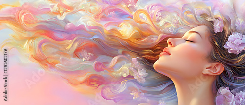 Dreamy woman with flowing hair serene landscape digital art ethereal atmosphere close-up whimsical beauty
