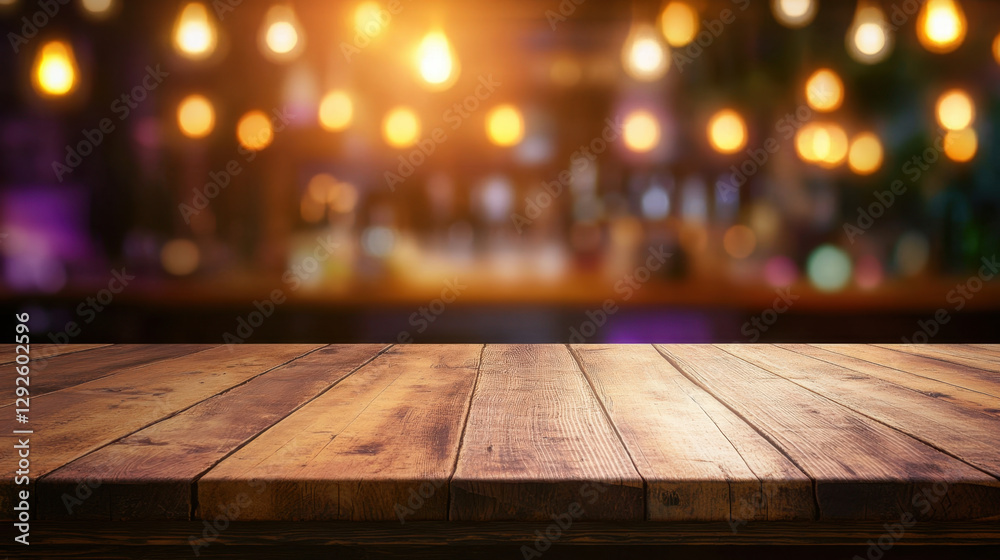 wooden table with warm, inviting atmosphere, illuminated by soft, glowing lights in background, perfect for gatherings or dining experiences