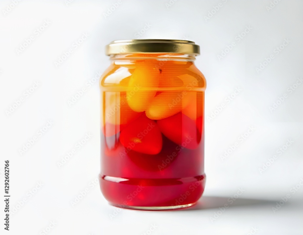 A glass jar filled with red and yellow peppers, the jar has a golden lid, plain white background A glass jar filled with red and yellow peppers, the jar has a golden lid, plain white background