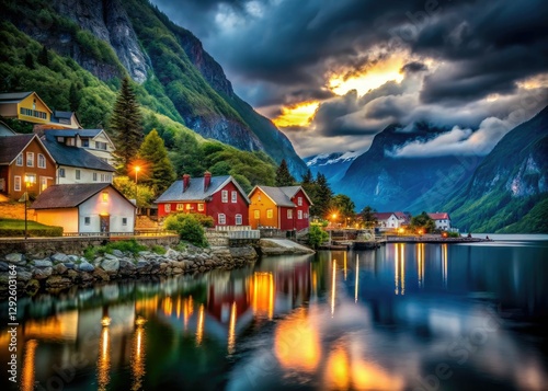 Dramatic Eidfjord nightscape: fjord's embrace under a vibrant, low-light sky. photo