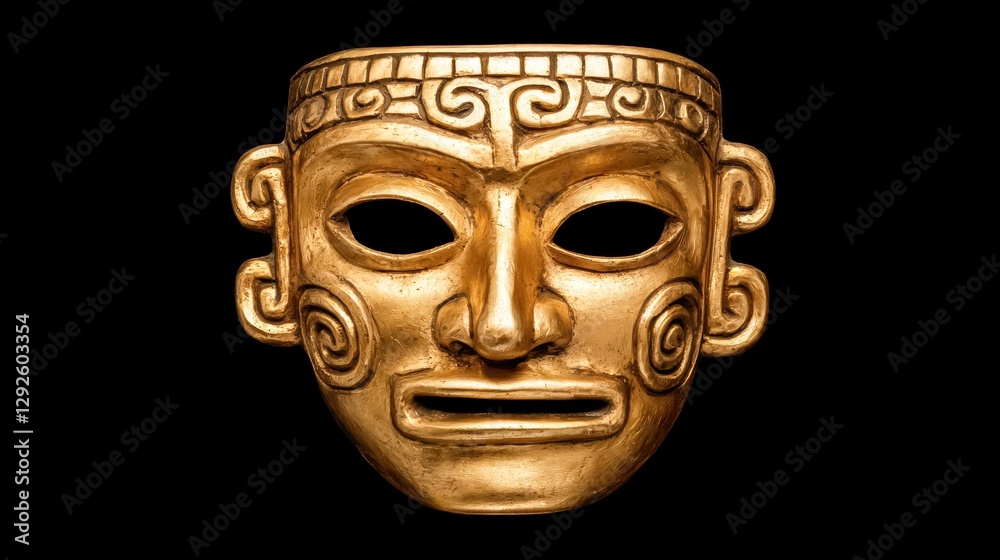 A golden ceremonial mask with intricate designs, showcasing ancient artistry, displayed against a black background. A golden ceremonial mask with intricate designs, showcasing ancient artistry, displayed against a black background.