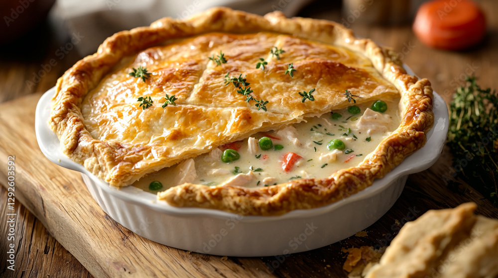 homemade chicken pot pie with flaky crust golden brown food peas dish meal thyme dinner homemade chicken pot pie with flaky crust golden brown food peas dish meal thyme dinner