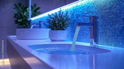 Illuminated Serenity Modern Bathroom Interior Design Washbasin Faucet Plant Arrangement Elegant Style