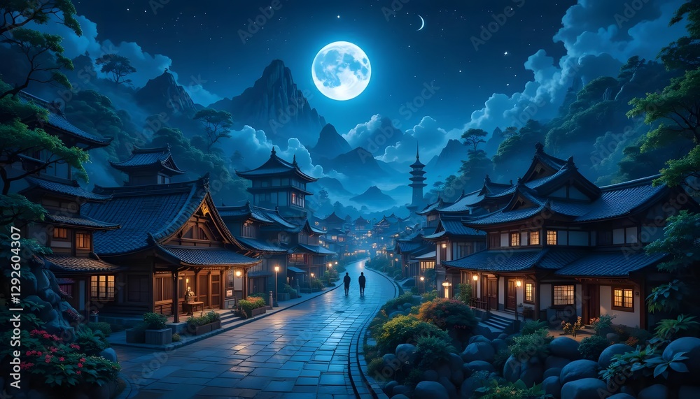 Obraz premium Nighttime Stroll in Japanese Town Under Full Moon with Traditional Architecture