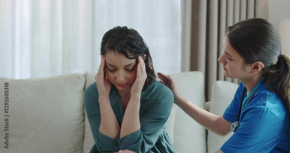 Nurse Comforting Distressed Woman at HomeCompassionate nurse in blue scrubs gently comforting a female patient sitting on a couch, offering reassurance and support. Home healthcare service, emotional 