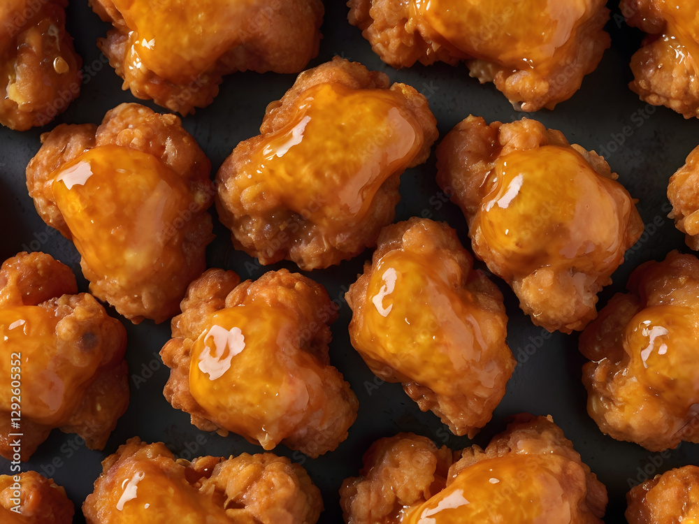 Crispy chicken bites with delicious sauce. A close-up image of tempting golden brown fried chicken bites, glazed with a glossy sauce, offering a savory treat. Crispy chicken bites with delicious sauce. A close-up image of tempting golden brown fried chicken bites, glazed with a glossy sauce, offering a savory treat.