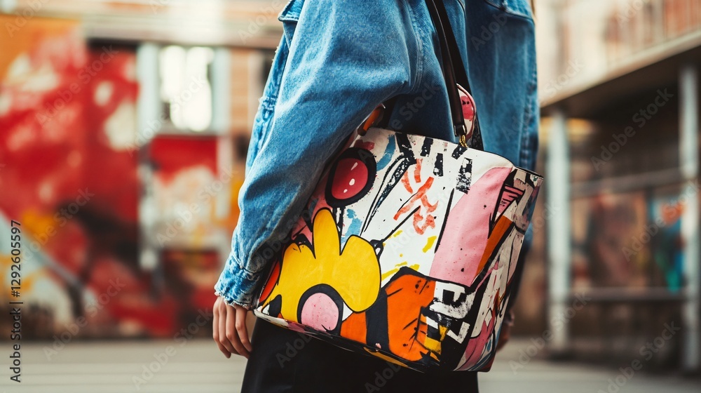 Fototapeta premium Trendy Woman Carrying Vibrant Graffiti-Style Tote Bag in Urban Setting