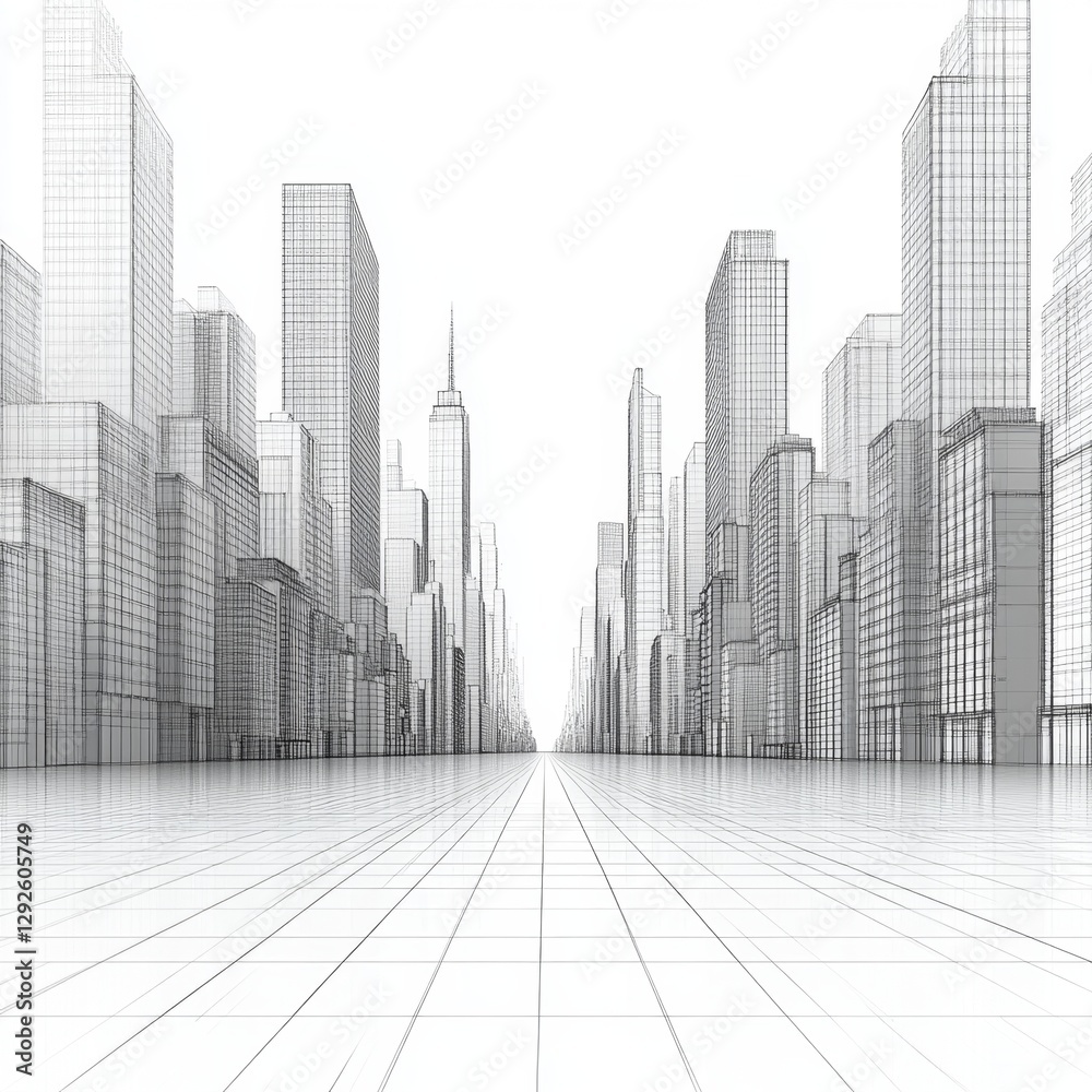 Fototapeta premium Futuristic Cityscape Wireframe Design with Skyscrapers and Urban Perspective for Architectural Visualization and Design Projects