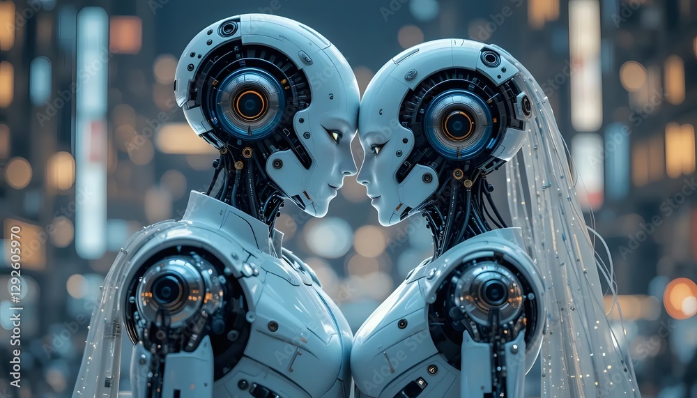 Fototapeta premium Two Futuristic Robots Facing Each Other in a Romantic Moment Backdrop