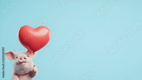 Cute pig holding red heart-shaped balloon on blue background