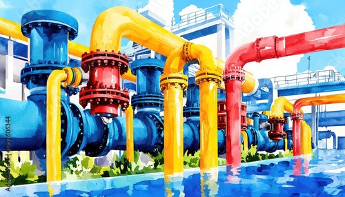 Wallpaper Mural A vibrant illustration of industrial pipes in yellow, blue, and red, set against a bright sky, showcasing a modern waterway system. Torontodigital.ca