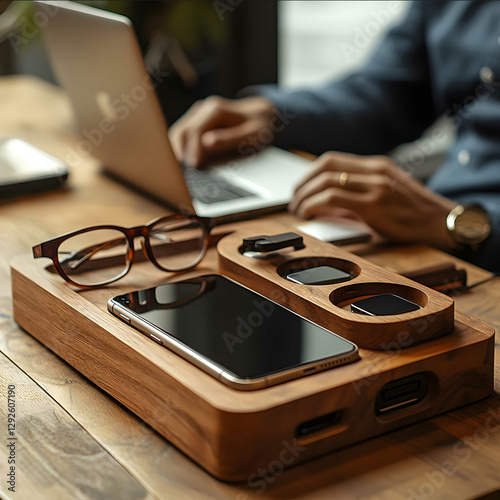 Wooden electronic device charging station with storage space and holder for phone with a table and a man using a laptop in the background his glasses on a wooden t