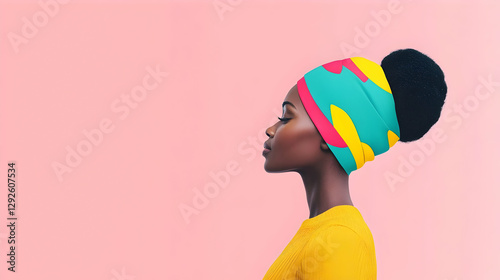 Stylish Woman in Colorful Head Wrap Against Soft Pink Background photo