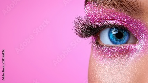 Close-up woman eye with pink glitter makeup on pink background. Possible use Beauty, makeup, cosmetics