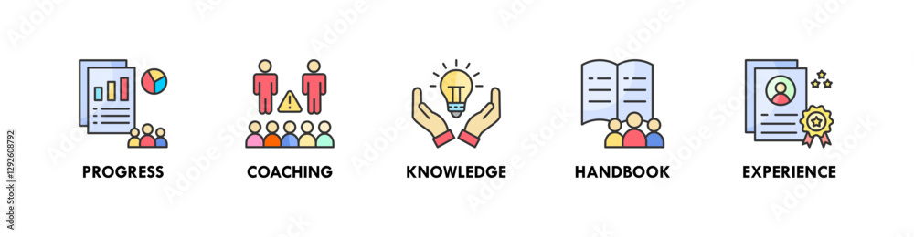 Trainee banner web icon illustration concept with icon of progress, coaching, knowledge, handbook, and experience Trainee banner web icon illustration concept with icon of progress, coaching, knowledge, handbook, and experience