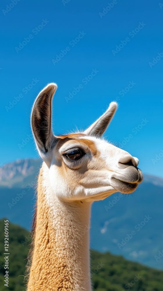 Naklejka premium Guanaco Serenity Portrait with Mountain Backdrop and Clear Skies Natural Beauty Animal Kingdom