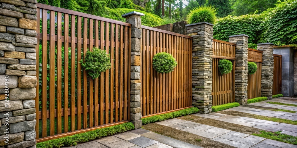 Serene Garden Entrance Stone Pillars and Wooden Fence with Lush Greenery Serene Garden Entrance Stone Pillars and Wooden Fence with Lush Greenery