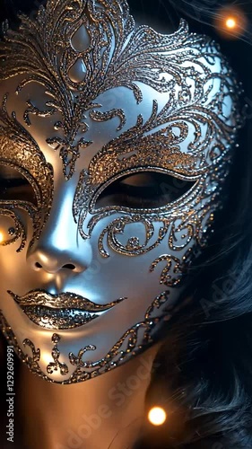 Close-up woman wearing silver masquerade mask, festive lights background. Possible use Stock photo photo
