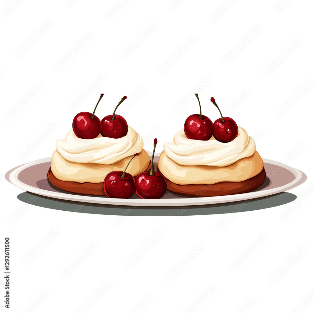 Sticker Design, two S_CERT agricultural buns on plate with cherry and cream filling, vector illustration, transparent background Sticker Design, two S_CERT agricultural buns on plate with cherry and cream filling, vector illustration, transparent background