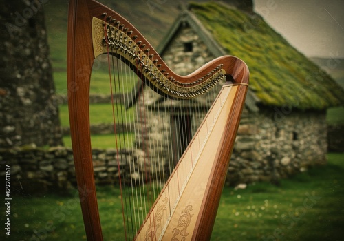 Celtic harp standing gracefully before a historic moss-covered stone cottage