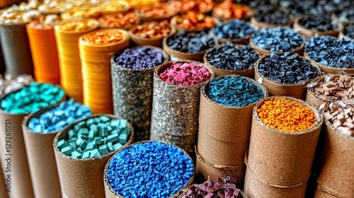 Assorted Plastic Granules in Cylindrical Containers Variety of Colorful Polymers Material