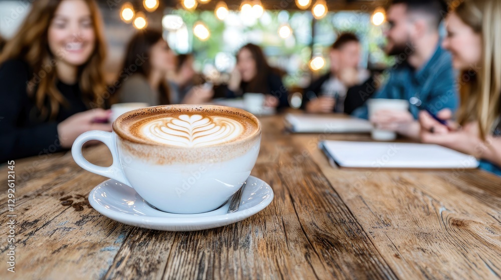 Fototapeta premium Latte coffee cup in cafe, people meeting, blurred background, informal setting, casual gathering