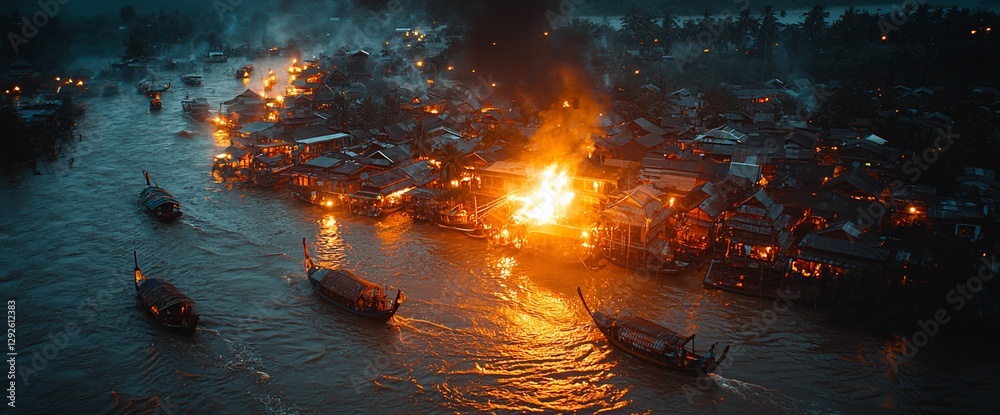Aerial River Fire, Night Market Boats, Disaster Aerial River Fire, Night Market Boats, Disaster