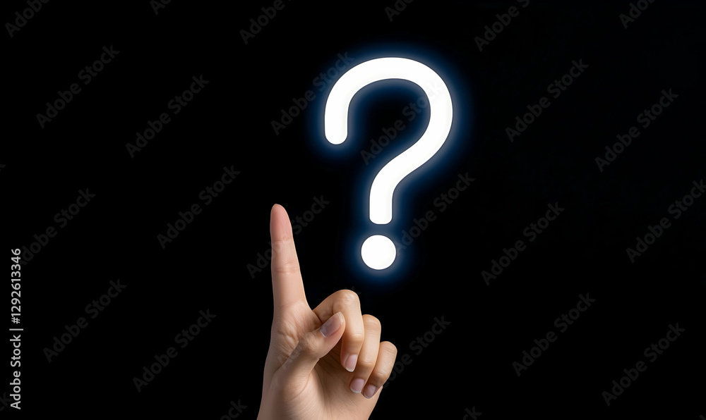 Concept of uncertainty with raised finger and glowing question mark Concept of uncertainty with raised finger and glowing question mark