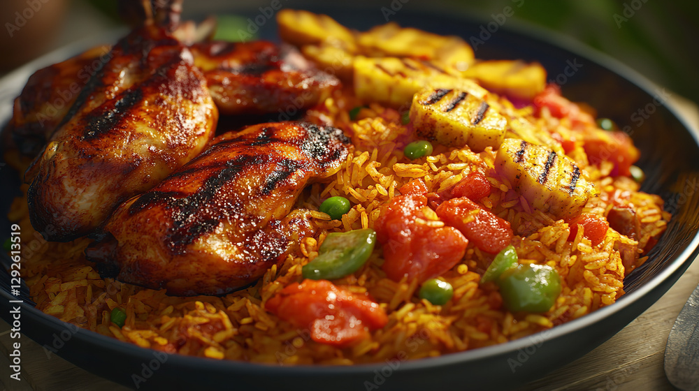 a traditional Jollof rice with grilled chicken, styled plating a traditional Jollof rice with grilled chicken, styled plating