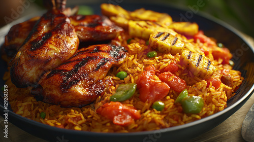 a traditional Jollof rice with grilled chicken, styled plating