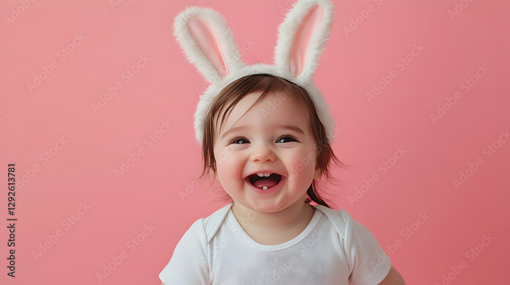 Delightful baby with bunny ears, radiating joy and laughter against a pink background Delightful baby with bunny ears, radiating joy and laughter against a pink background