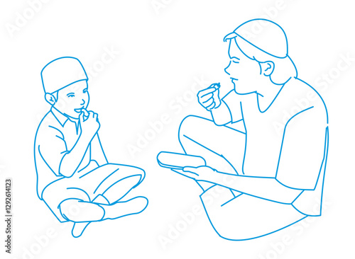  muslim man and his son with prepared food for iftar in ramadan