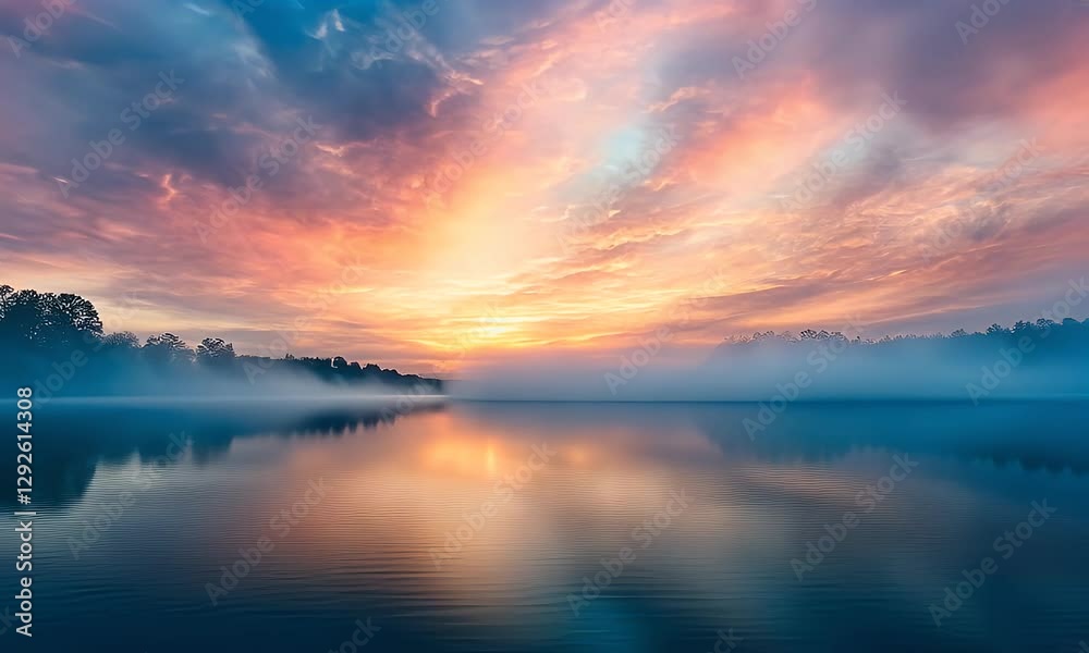 Serene sunrise over a tranquil lake with mist, vibrant colors reflecting on calm waters Serene sunrise over a tranquil lake with mist, vibrant colors reflecting on calm waters