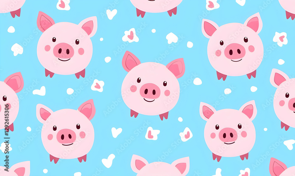 Cute Pink Pigs Pattern with Hearts on Blue Background for Kids Decor Cute Pink Pigs Pattern with Hearts on Blue Background for Kids Decor