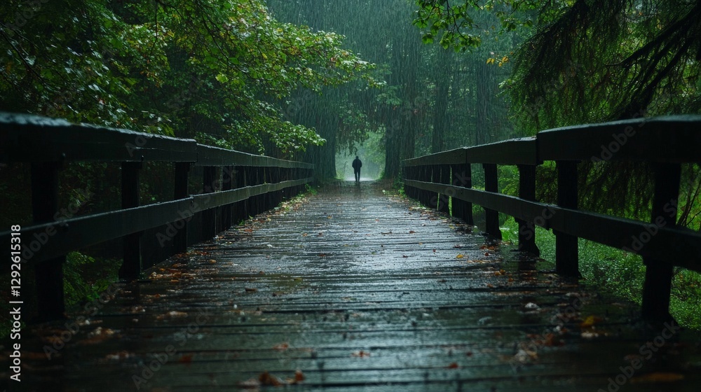Obraz premium Rain-drenched wooden bridge in a forest, with a lone figure walking in the distance