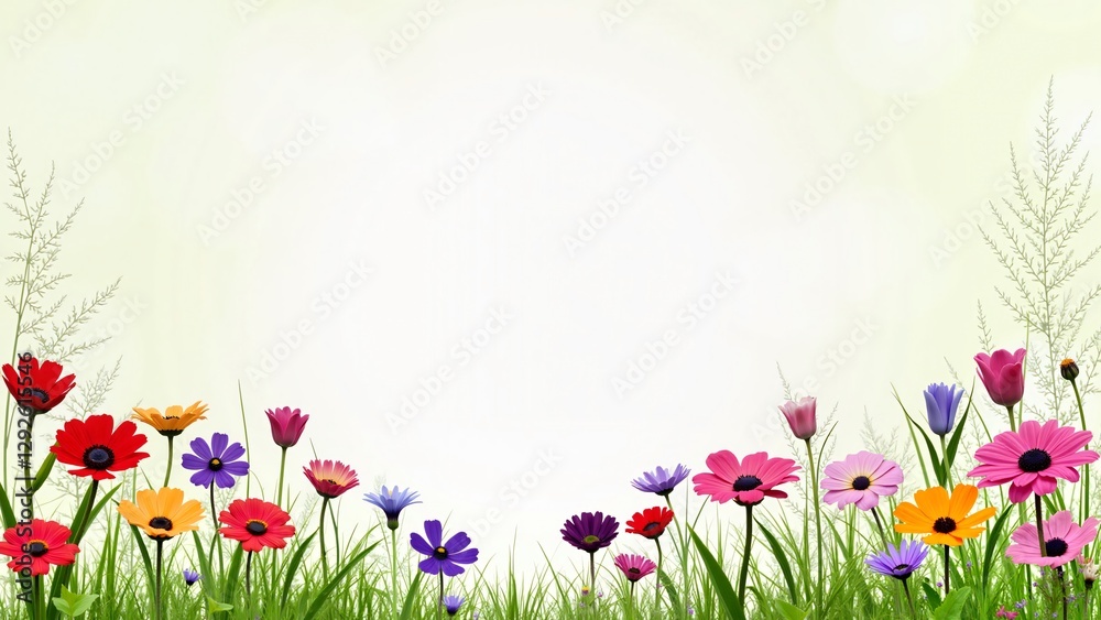 Obraz premium Vibrant Wildflowers in a Meadow Bordering a Soft White Background