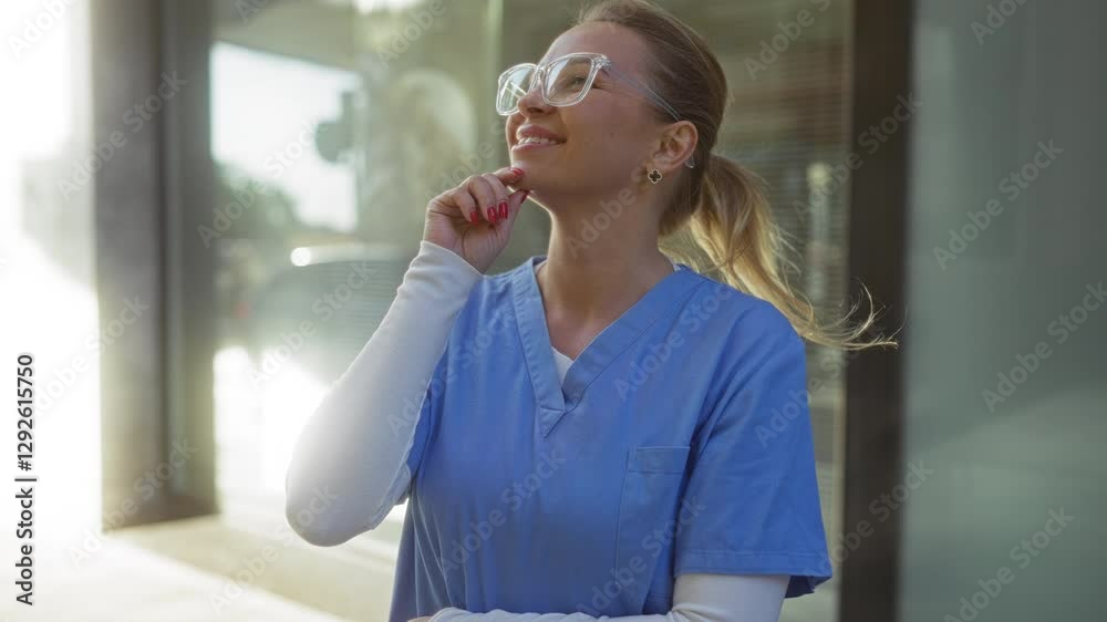 Woman in blue scrubs stands outdoors in urban setting smiling thoughtfully under sunlight wearing glasses and earrings depicting relaxation and positivity. Woman in blue scrubs stands outdoors in urban setting smiling thoughtfully under sunlight wearing glasses and earrings depicting relaxation and positivity.