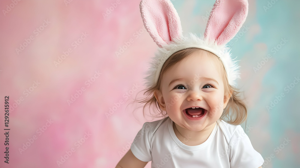 Joyful baby girl with bunny ears celebrating Easter against a pink background Joyful baby girl with bunny ears celebrating Easter against a pink background