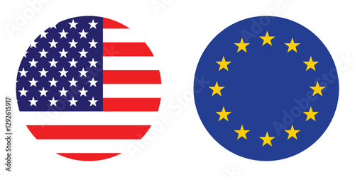 Flags of the United States of America and European Union. Button flag icon. Standard color. Circle icon flag. Digital illustration. Vector illustration.