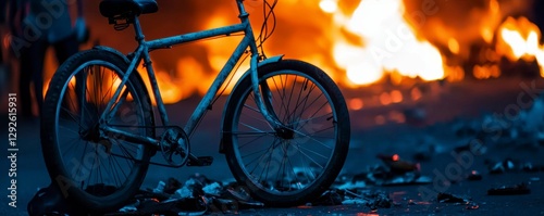 Bicycle Against Burning Background and Debris Representing Conflict and Abandonment Message photo