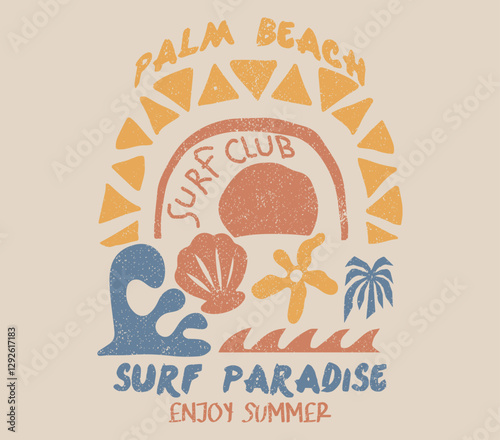 Summer Paradise Palm Beach Surf Club Typography slogan, t-shirt graphics, print, poster, banner, flyer, postcard. summer beach vector graphic for front print, Collection of Summer, Seashell, Surfing