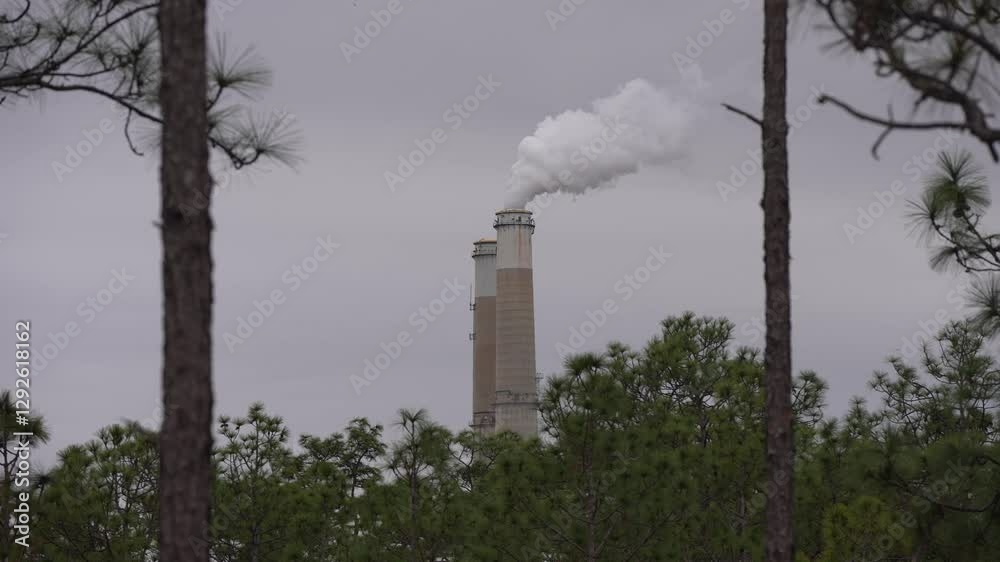 Power Plant Releasing Fumes from Smokestack through Trees, Florida Power Plant Releasing Fumes from Smokestack through Trees, Florida