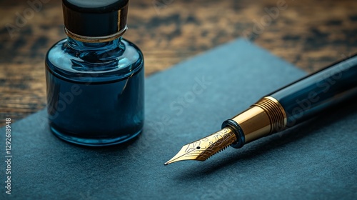 Blue ink bottle and fountain pen on dark paper.