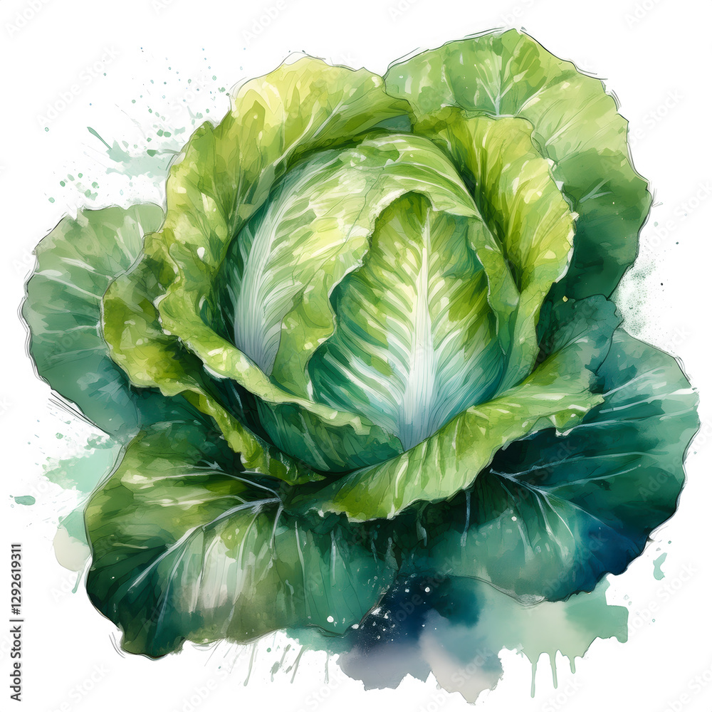 Fototapeta premium A watercolor painting of a green cabbage, its leaves rendered with soft washes and intricate details against a white background