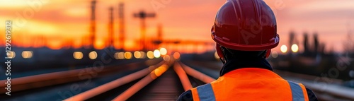 Construction Worker Overseeing Progress on Railway Tracks During Sunrise with a Safety Helmet