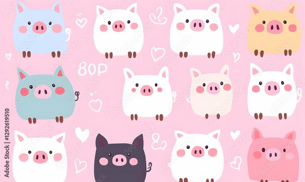 Cute Pig Characters in Various Colors on Pink Background Cute Pig Characters in Various Colors on Pink Background