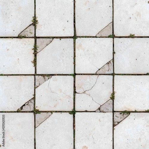 Cracked white tiles with grass growing between them on a textured surface.